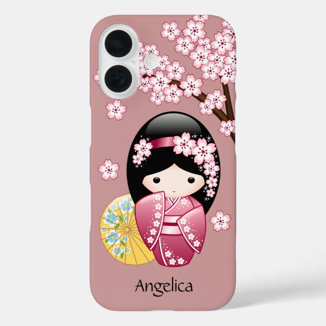 Spring Kokeshi Doll - Cute Japanese Geisha on Pink Case-Mate iPhone Case (Back)