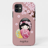 Spring Kokeshi Doll - Cute Japanese Geisha on Pink