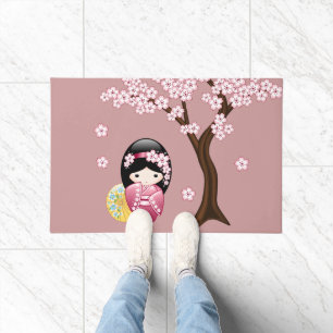 Spring Kokeshi Doll - Cute Japanese Geisha on Pink Doormat