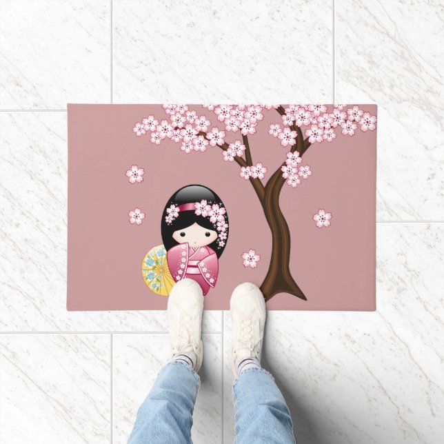 Spring Kokeshi Doll - Cute Japanese Geisha on Pink Doormat (Indoor)