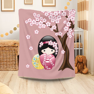 Spring Kokeshi Doll - Cute Japanese Geisha on Pink Fleece Blanket