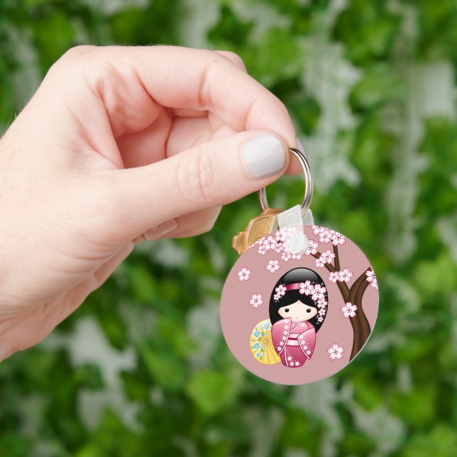 Spring Kokeshi Doll - Cute Japanese Geisha on Pink Key Ring (Hand)