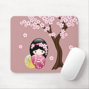Spring Kokeshi Doll - Cute Japanese Geisha on Pink Mouse Pad