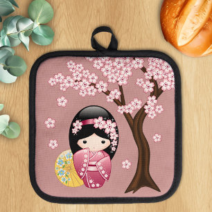 Spring Kokeshi Doll - Cute Japanese Geisha on Pink Pot Holder