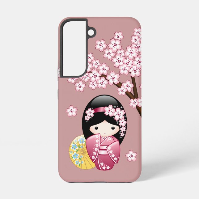 Spring Kokeshi Doll - Cute Japanese Geisha on Pink Samsung Galaxy S22 Case (Back)