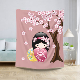 Spring Kokeshi Doll - Cute Japanese Geisha on Pink Sherpa Blanket