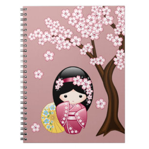 Spring Kokeshi Doll - Cute Japanese Geisha on Pink Spiral Notebook