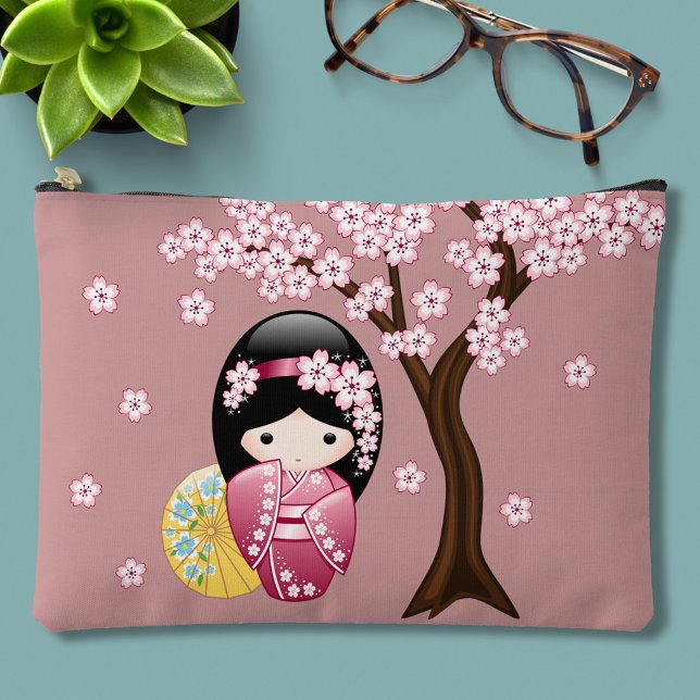 Spring Kokeshi Doll - Cute Japanese Geisha Pink Accessory Pouch (Creator Uploaded)