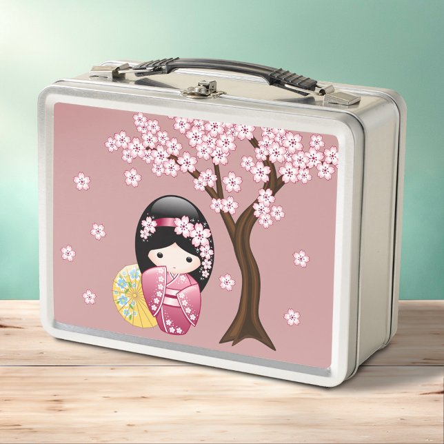 Spring Kokeshi Doll - Cute Japanese Geisha Pink Metal Lunch Box (Creator Uploaded)