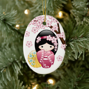 Spring Kokeshi Doll - Cute Japanese Geisha White Ceramic Tree Decoration