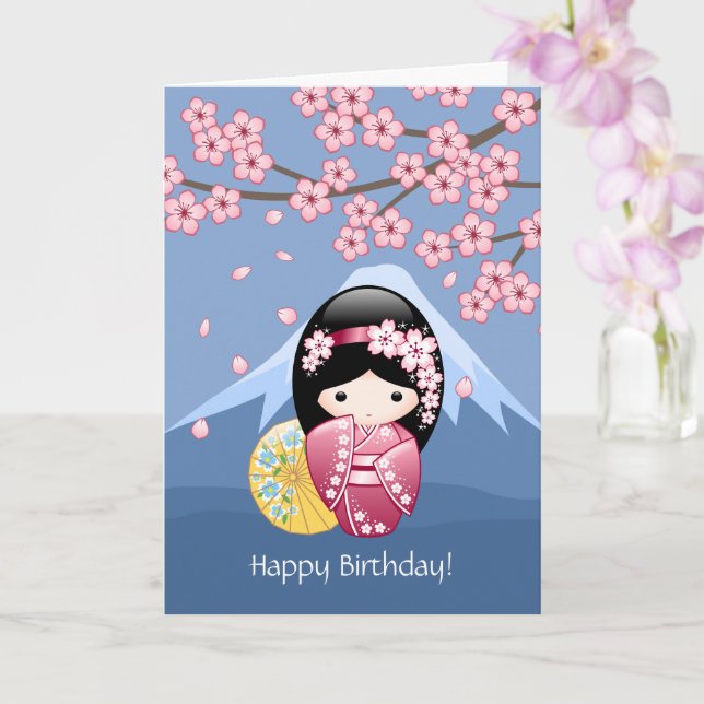 Spring Kokeshi Doll - Japanese Geisha Birthday Card (Orchid)