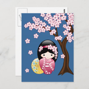 Spring Kokeshi Doll - Japanese Geisha Miss You Postcard