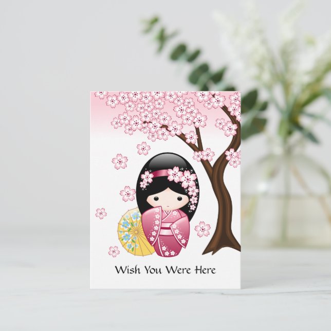 Spring Kokeshi Doll - Japanese Geisha Wish Postcard (Standing Front)
