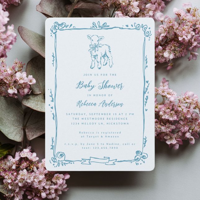 Spring Lamb Cute Doodle Blue Boy Baby Shower Invitation (Creator Uploaded)