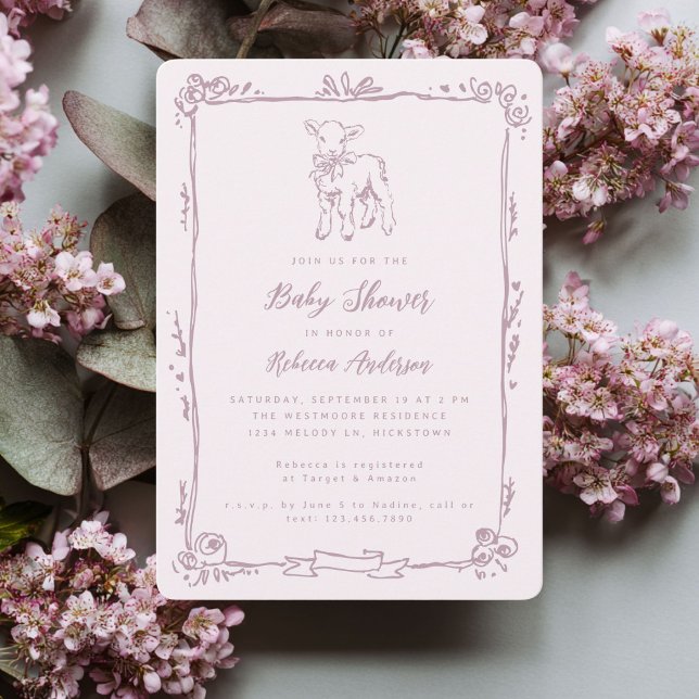 Spring Lamb Cute Doodle Pink Girl Baby Shower Invitation (Creator Uploaded)