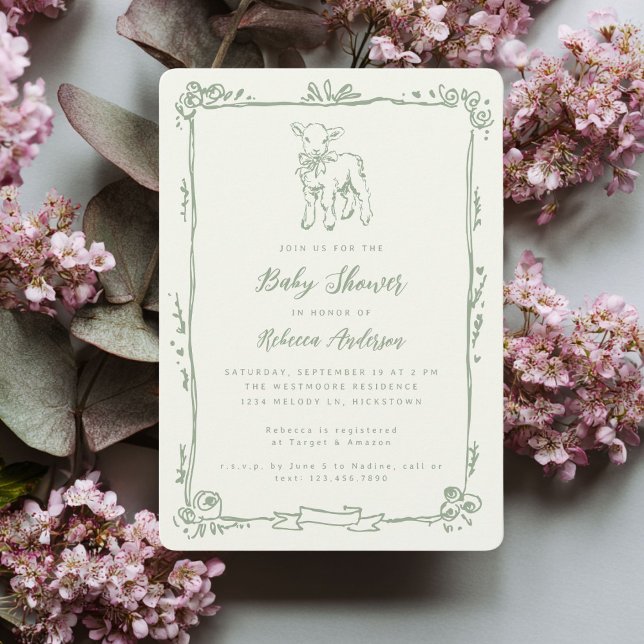Spring Lamb Cute Doodle Sage Green Baby Shower Invitation (Creator Uploaded)