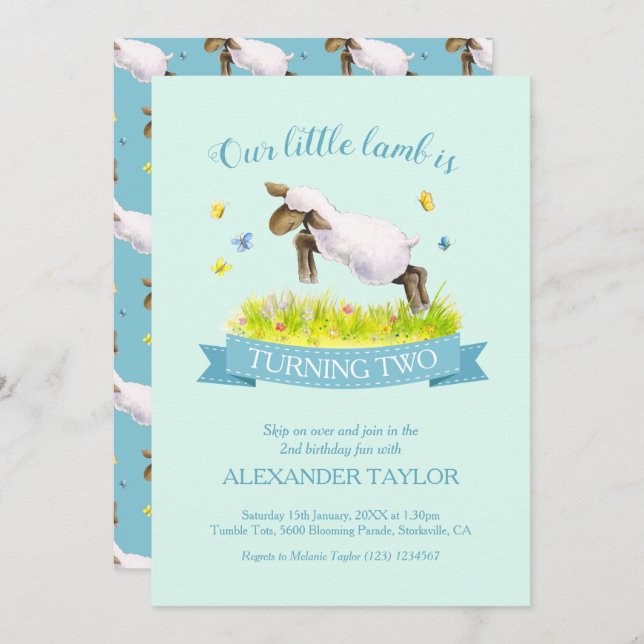 Spring lamb skipping cute 2nd birthday invitations (Front/Back)