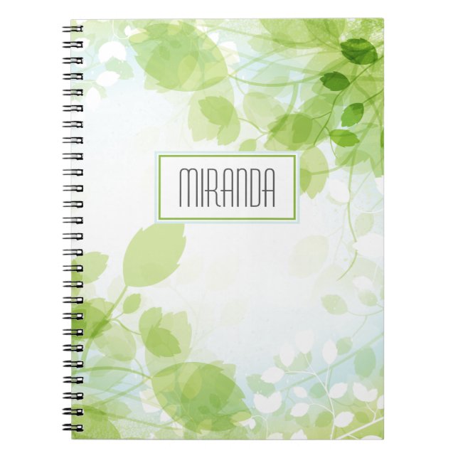 Spring Leaves Watercolor Monogrammed Spiral Notebook (Front)