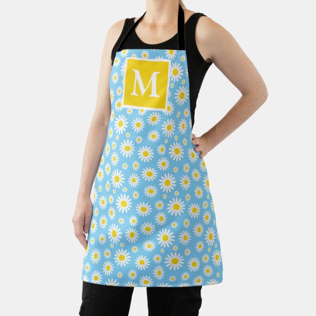 Spring Light Blue & White Daisies Monogram  Apron (Insitu)