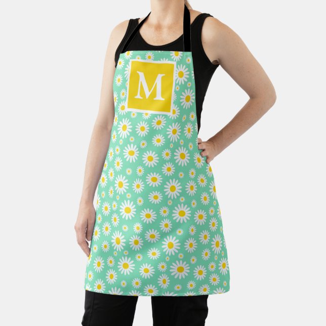 Spring Light Green & White Daisies Monogram  Apron (Insitu)
