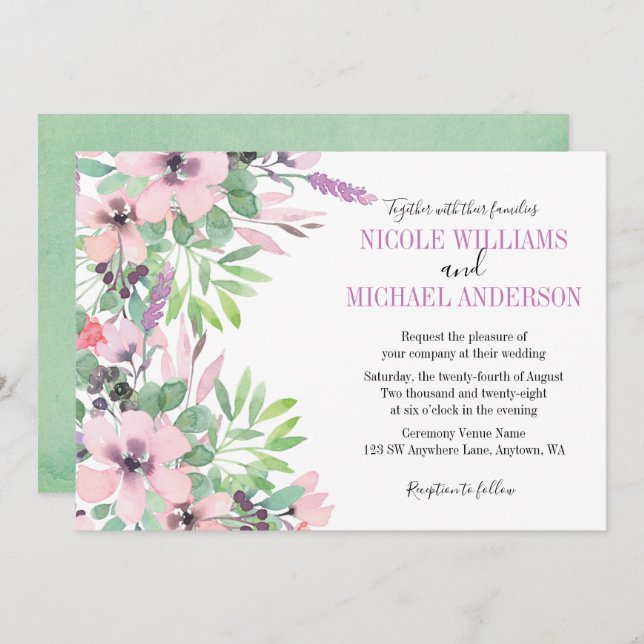Spring Lilac watercolor peony Foliage WEDDING Invitation (Front/Back)