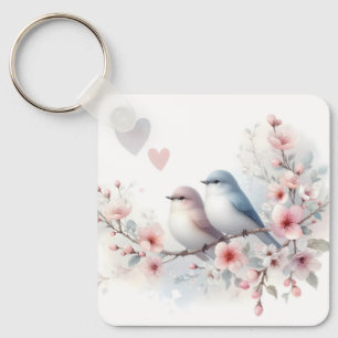 Spring Love Birds Cherry Blossom Floral Key Ring