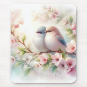 Spring Love Birds Cherry Blossom Floral Mouse Pad