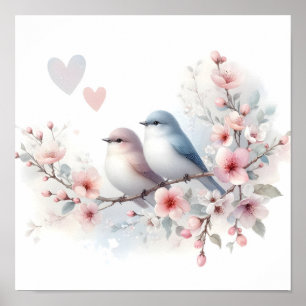 Spring Love Birds Cherry Blossom Floral Poster