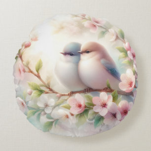 Spring Love Birds Cherry Blossom Floral Round Cushion