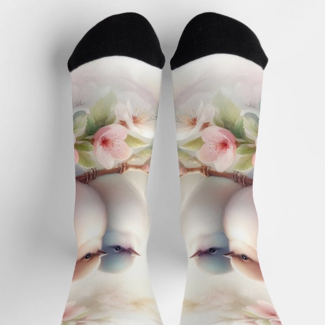 Spring Love Birds Cherry Blossom Floral Socks (Top)