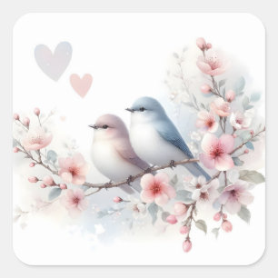 Spring Love Birds Cherry Blossom Floral Square Sticker