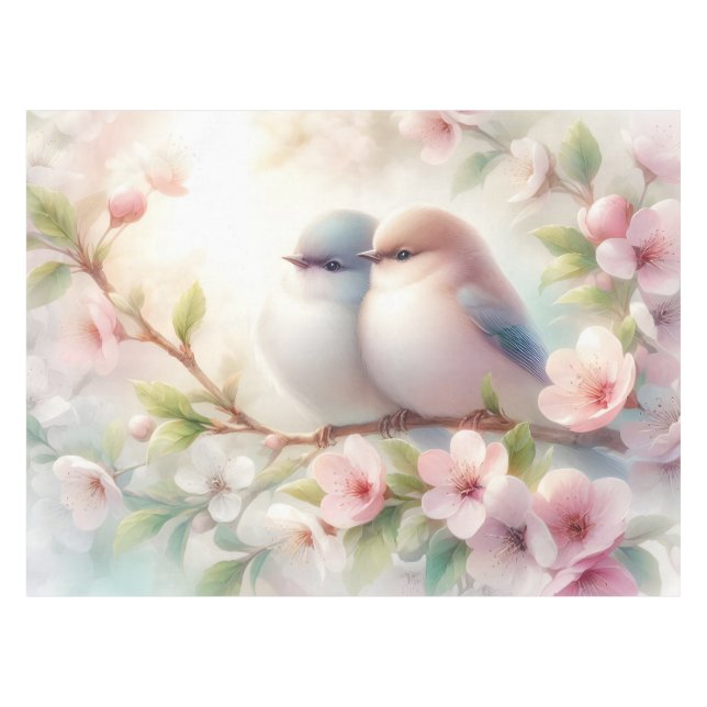 Spring Love Birds Cherry Blossom Floral Tablecloth (Front (Horizontal))