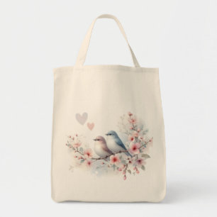Spring Love Birds Cherry Blossom Floral Tote Bag
