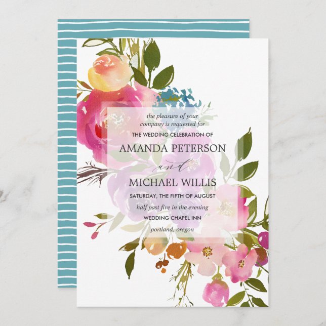 Spring Lush | Modern botanical pink flower wedding Invitation (Front/Back)