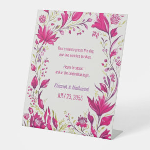 Spring Magenta Garden Floral Wedding Pedestal Sign