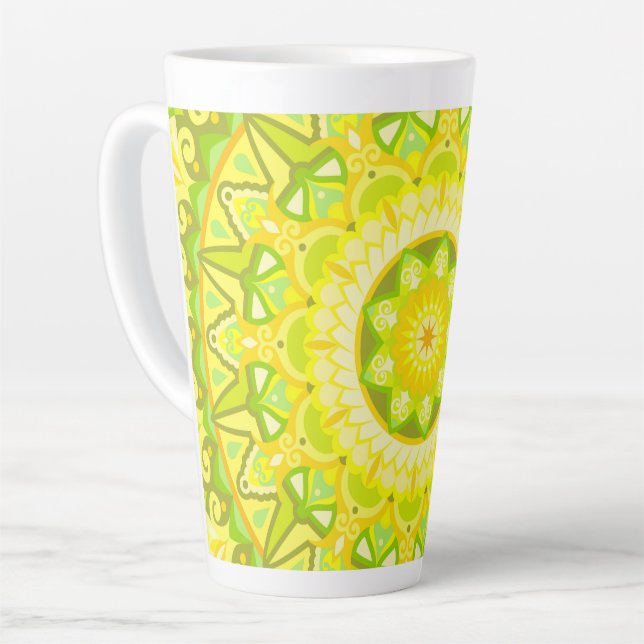 Spring Mandala Floral Green Yellow Boho Coffee Latte Mug (Left Angle)