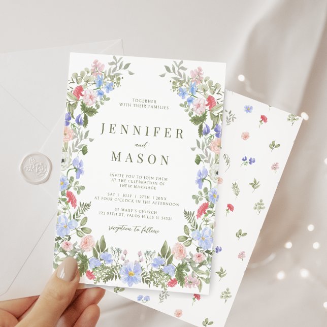 Spring meadow floral wreath summer wedding invitation (Creator Uploaded)