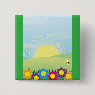 Spring Meadow Sunburst with Colorful Flowers 15 Cm Square Badge