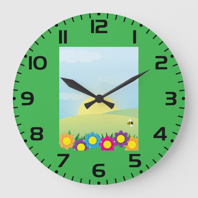 Spring Meadow Sunburst with Colorful Flowers Large Clock (Front)
