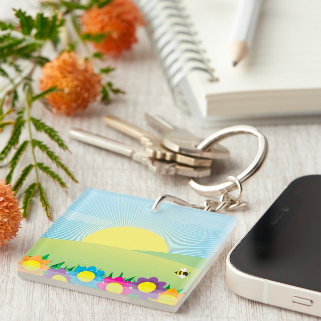 Spring Meadow Sunburst with Colourful Flowers Key Ring (Creator Uploaded)