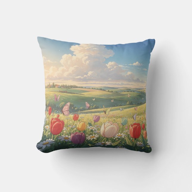 Spring Meadow Tulips Throw Pillow (Front)