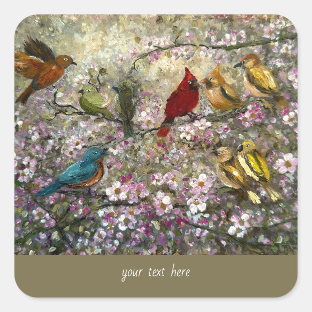 Spring Meet: Colorful Songbirds Bird Lovers Gifts Square Sticker (Front)