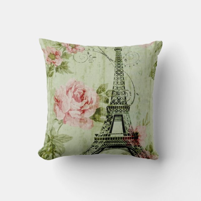 spring mint pink floral french paris eiffel tower cushion (Front)