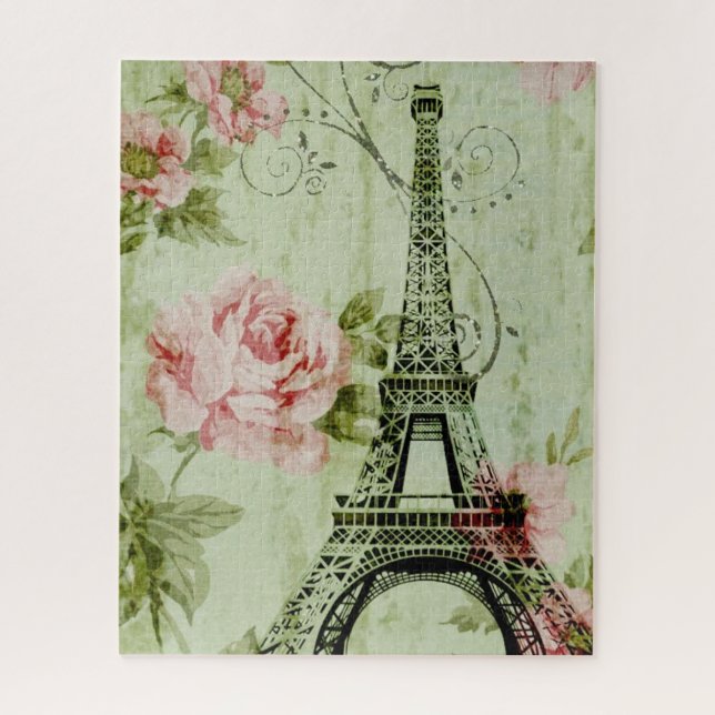 spring mint pink floral french paris eiffel tower jigsaw puzzle (Vertical)