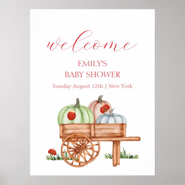 Spring Modern Pumpkin Labybug Baby Shower Welcome Poster (Front)