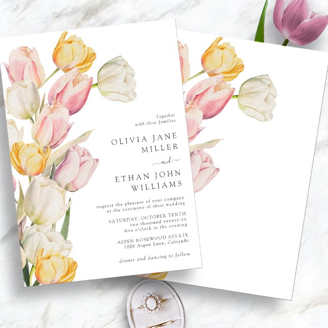 Spring Modern Wedding Invitation (Modern Watercolor Pink Cream and Yellow Tulip Wedding Invitation by Painted Paperie)