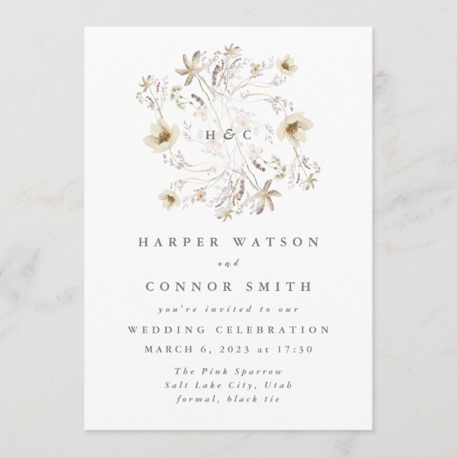 Spring Monogram Elegant Wildflower Floral Invitation (Front)