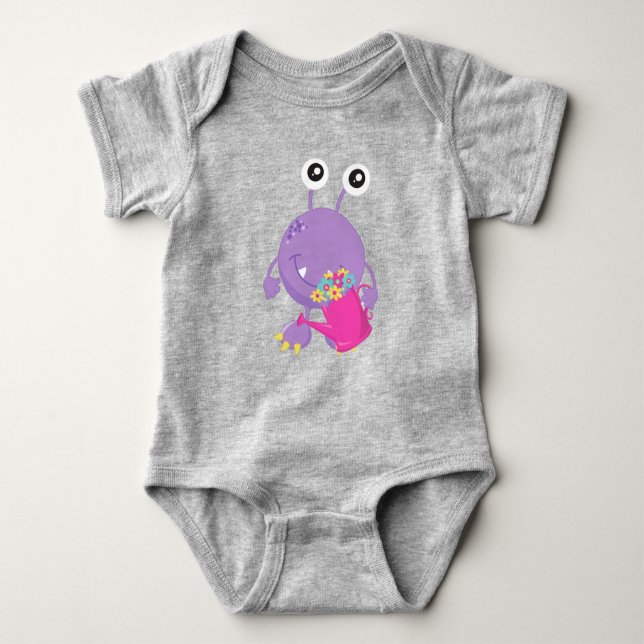 Spring Monster, Colourful Flowers, Purple Monster Baby Bodysuit (Front)