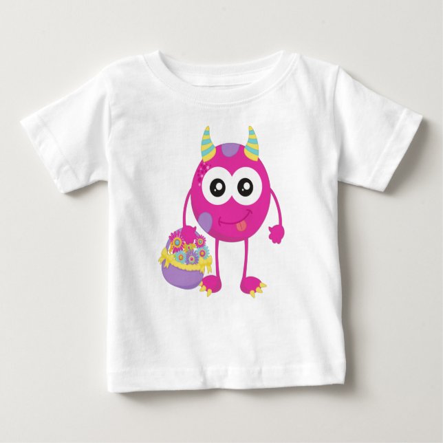 Spring Monster, Pink Monster, Horns, Flowers Baby T-Shirt (Front)