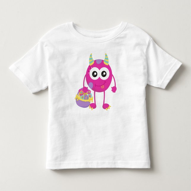 Spring Monster, Pink Monster, Horns, Flowers Toddler T-Shirt (Front)